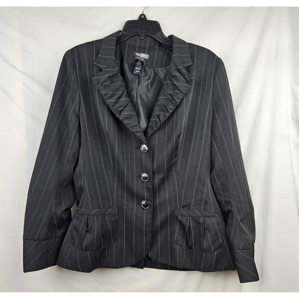 Bisou Bisou Michele Bohbot Pinstripe Ruffle Blazer Black White Size 16 Career